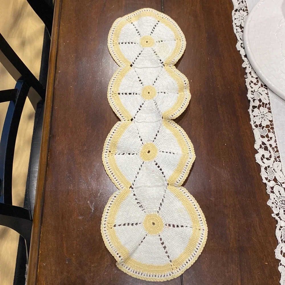 Vintage Hand-Crocheted Dresser Scarf Or White and Yellow Table Runner!